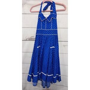 Hell Bunny Blue and White Polka Dot Halter Flare Party Dress - Small